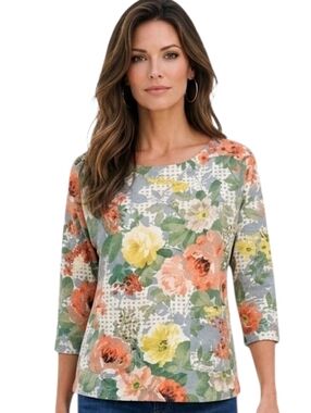 HD in Paris Multi Color Bloomfield Boat Neck 3/4 Sleeve Top Size XS